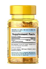 Puritan's Pride Beta-Carotene 25,000 IU supplement bottle with softgels, including nutrition facts and serving details.