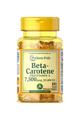 Puritan's Pride Beta-Carotene 25,000 IU supplement bottle with 100 softgels for eye and skin health.