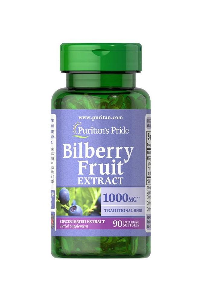 Puritan's Pride Bilberry 1000 mg supplement bottle with 90 softgels for antioxidant support.