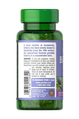 Puritan's Pride Bilberry 1000 mg softgels bottle with antioxidant benefits and warning label.