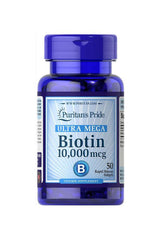 Puritan's Pride Biotin 10,000 mcg supplement bottle for healthy hair, skin, nails, and energy support.