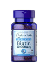 Puritan's Pride Biotin 10,000 mcg vitamin supplement for healthy hair, skin, and nails in a blue bottle.