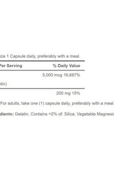 Supplement facts for Puritan's Pride Biotin 5000 mcg, highlighting dosage and ingredients.