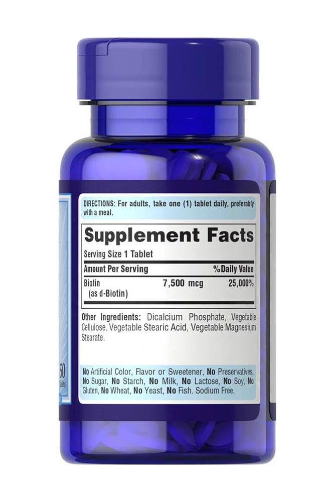 Puritan's Pride Biotin 7500 mcg supplement facts label on a blue bottle, 50 tablets. Puritan's Pride Biotin 7500 mcg supplement facts label on a blue bottle, 50 tablets.