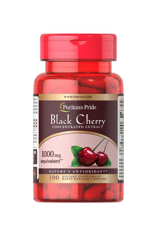 Puritan's Pride Black Cherry Extract 1000 mg in a red bottle, 100 capsules for antioxidant support.