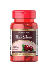 Puritan's Pride Black Cherry Extract 1000 mg in a red bottle, 100 capsules for antioxidant support.