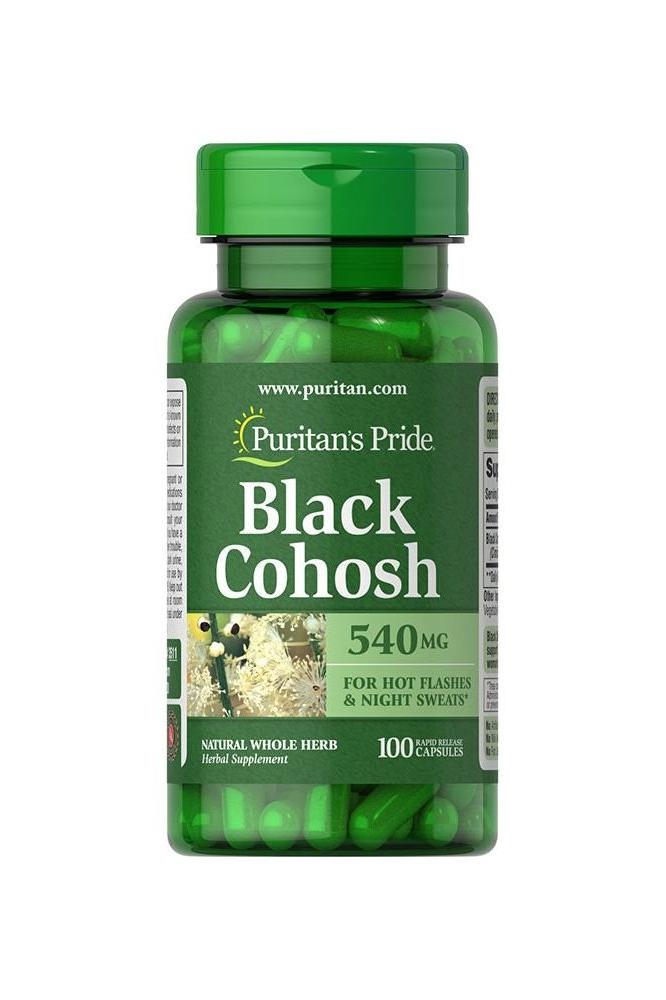Puritan's Pride Black Cohosh 540 mg, 100 capsules for menopausal health and support against hot flashes.