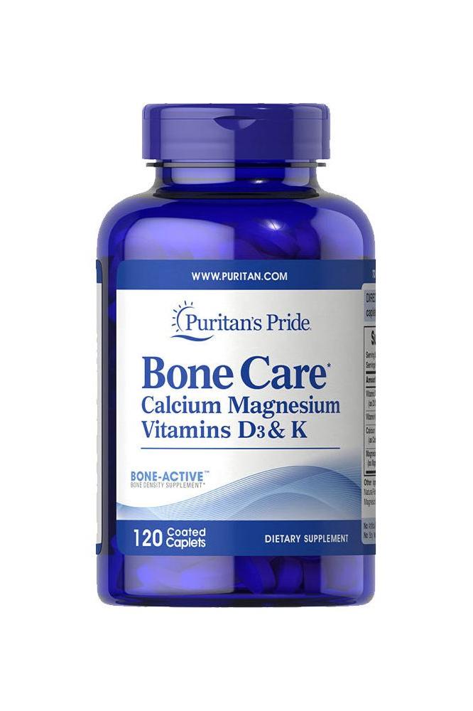 Puritan's Pride Bone Care supplement bottle with 120 caplets for bone health support. Puritan's Pride Bone Care supplement bottle with 120 caplets for bone health support.