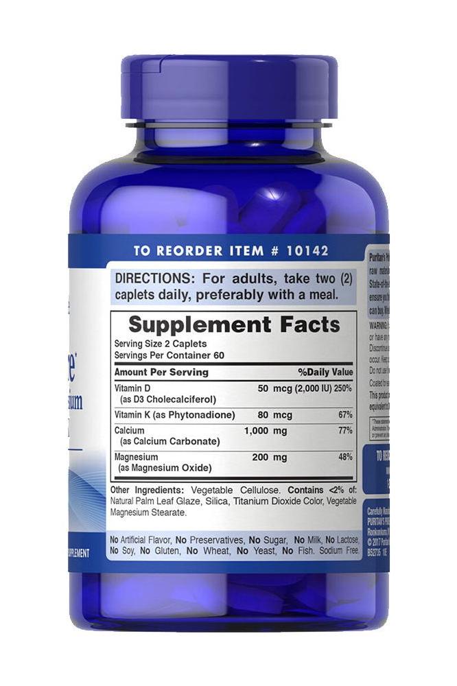 Puritan's Pride Bone Care supplement facts on blue bottle with caplets directions and ingredient details. Puritan's Pride Bone Care supplement facts on blue bottle with caplets directions and ingredient details.