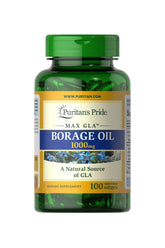Puritan's Pride Borage Oil 1000 mg softgel bottle, rich in GLA, for women's health and metabolic support.
