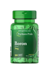 Puritan's Pride Boron 3 mg dietary supplement bottle with 100 coated tablets for bone strength support.