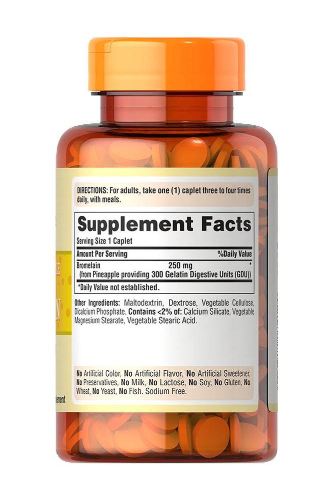Puritan's Pride Bromelain 500 mg caplets in an orange bottle showcasing supplement facts and natural ingredients. Puritan's Pride Bromelain 500 mg caplets in an orange bottle showcasing supplement facts and natural ingredients.