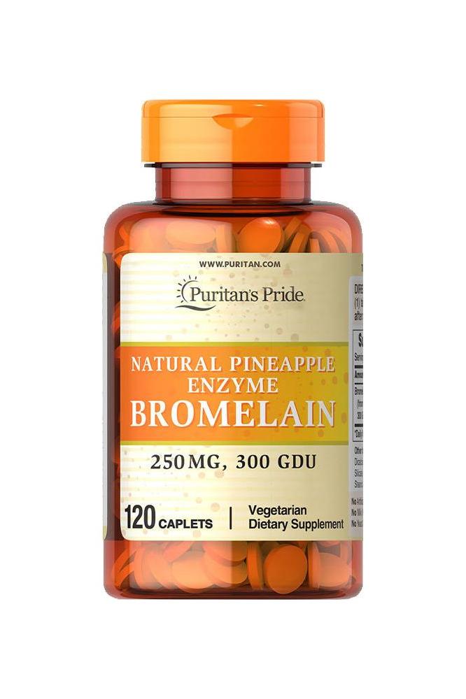 Puritan's Pride Bromelain 250 mg dietary supplement bottle with 120 caplets for digestion support. Puritan's Pride Bromelain 250 mg dietary supplement bottle with 120 caplets for digestion support.