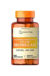 Puritan's Pride Bromelain 250 mg dietary supplement bottle with 120 caplets for digestion support.