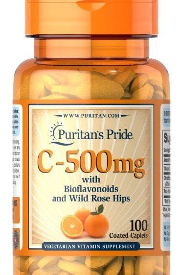 Puritan's Pride C-500 with Bioflavonoids & Wild Rose Hips vitamin supplement bottle, 100 coated caplets.