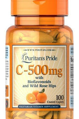 Puritan's Pride C-500 with Bioflavonoids & Wild Rose Hips vitamin supplement bottle, 100 coated caplets.