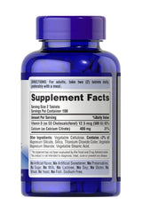 Puritan's Pride Calcium Citrate and Vitamin D3 supplement bottle with dosage information.