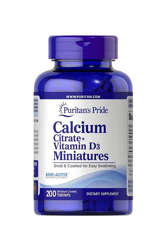Puritan's Pride Calcium Citrate + Vitamin D3 Miniatures in blue bottle, 200 coated tablets for bone health.