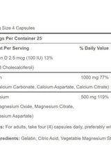 Nutritional information for Puritan's Pride Calcium Magnesium Citrate with Vitamin D, showing serving size and ingredients.