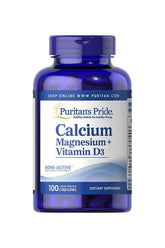 Puritan's Pride Calcium Magnesium Citrate plus Vitamin D 100 capsules bottle for bone health support.
