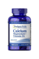 Puritan's Pride Calcium Magnesium Citrate plus Vitamin D 100 capsules bottle for bone health support.