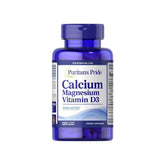 Puritan's Pride Calcium Magnesium Vitamin D3 supplement bottle with 120 caplets for bone health.