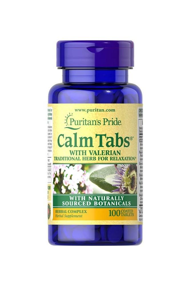 Puritan's Pride Calm Tabs® bottle with valerian, herbal supplement for relaxation, 100 tablets.