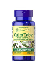 Puritan's Pride Calm Tabs® bottle with valerian, herbal supplement for relaxation, 100 tablets.