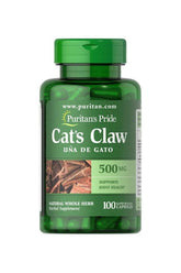 Puritan's Pride Cat's Claw 500 mg bottle, 100 capsules, supports immune and joint health, herbal supplement.
