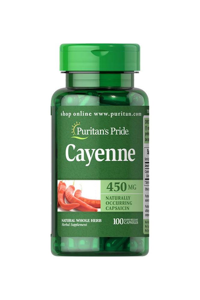 Puritan's Pride Cayenne 450 mg herbal supplement bottle with 100 capsules for digestion and metabolism support.