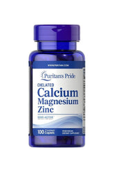 Puritan's Pride Chelated Calcium Magnesium Zinc supplement bottle, 100 capsules for bone health support.