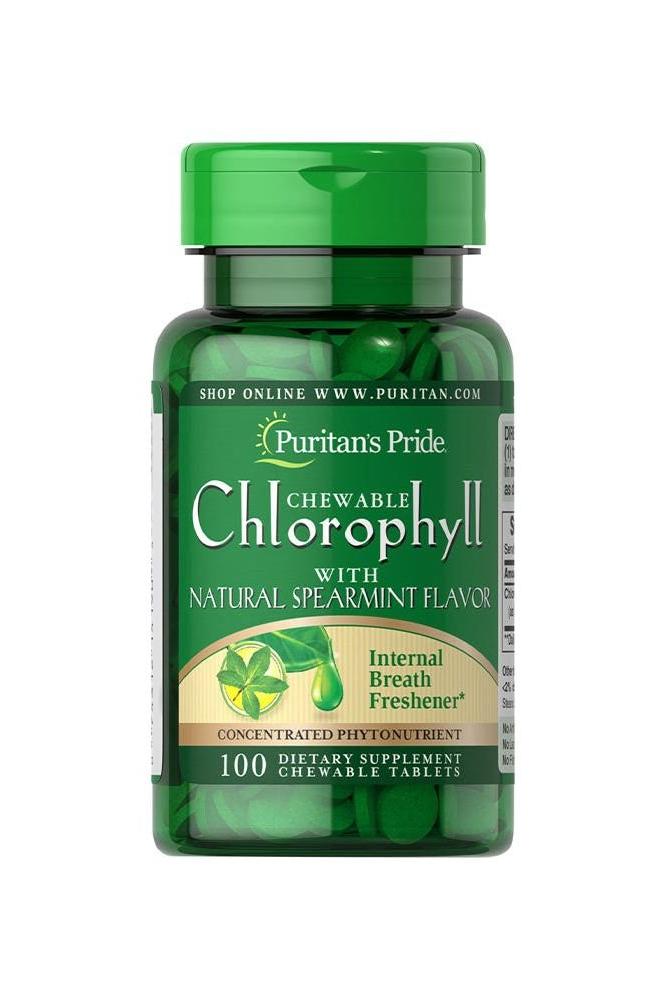 Puritan's Pride Chewable Chlorophyll with Natural Spearmint Flavor, 100 tablets for fresh breath.