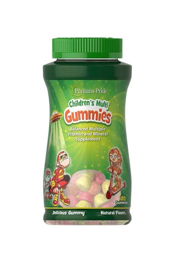 Puritan's Pride Children's Multivitamins Gummies bottle, natural flavors, 120 gummies, supports eye and bone health.