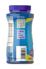 Puritan's Pride Children's Omega 3 gummies bottle, 120 fruit-flavored gummy fish, gluten-free and preservative-free.