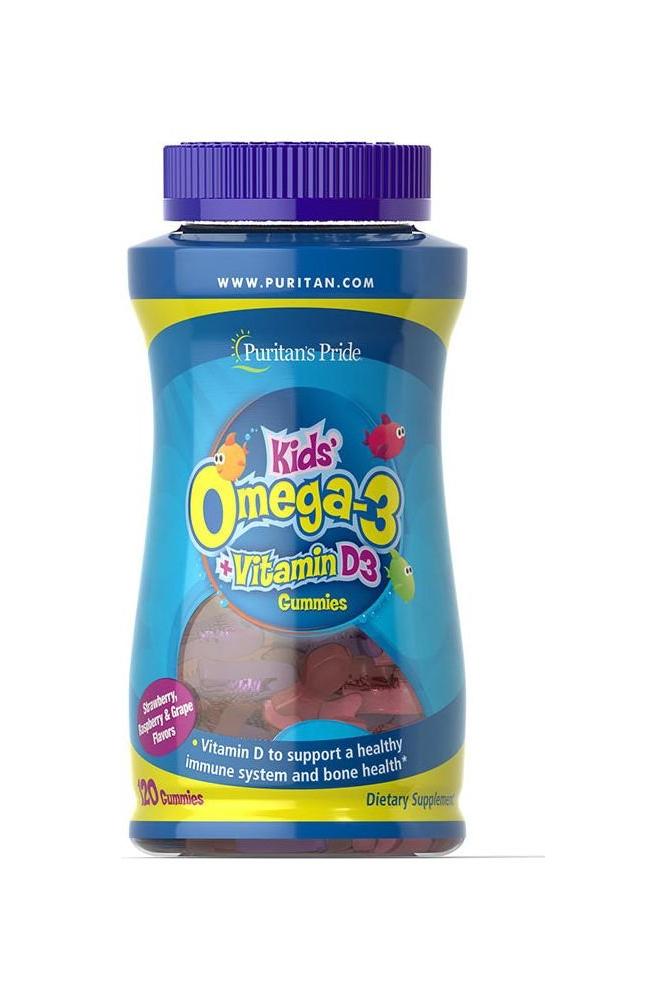 Puritan's Pride Children's Omega 3 DHA & D3 Gummies bottle with 120 gummies, supports immune and bone health.