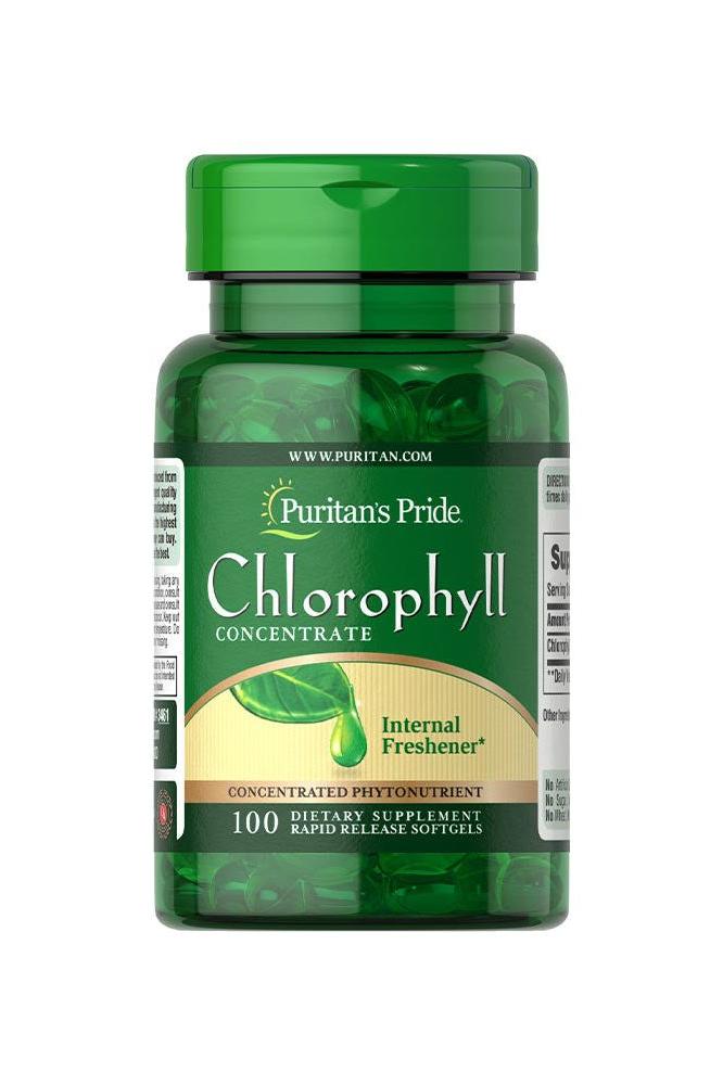 Puritan's Pride Chlorophyll Concentrate 50 mg dietary supplement softgels bottle with green label and 100 count.