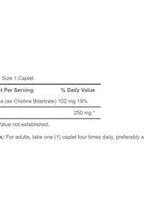 Supplement facts for Puritan's Pride Choline Bitartrate Inositol caplets, highlighting serving size and ingredients.