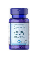 Puritan's Pride Choline Bitartrate Inositol 100 caplets supplement bottle for healthy metabolism.