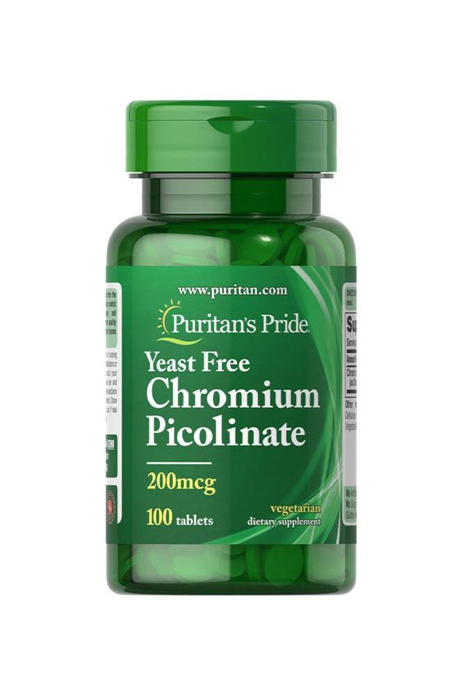 Puritan's Pride Chromium Picolinate 200 mcg yeast-free supplement bottle with 100 tablets for essential mineral support.