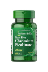 Puritan's Pride Chromium Picolinate 200 mcg yeast-free supplement bottle with 100 tablets for essential mineral support.
