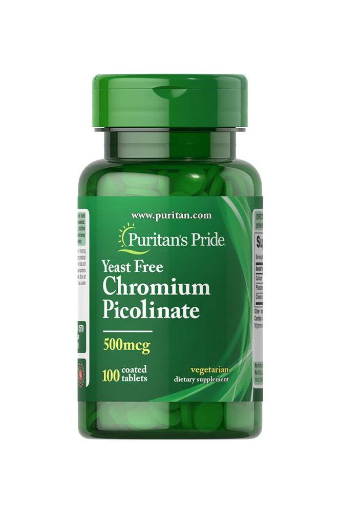 Puritan's Pride Chromium Picolinate 500 mcg, yeast-free supplement in green bottle, 100 tablets for blood sugar support.