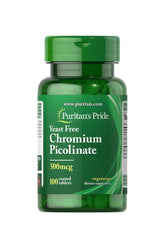 Puritan's Pride Chromium Picolinate 500 mcg, yeast-free supplement in green bottle, 100 tablets for blood sugar support.