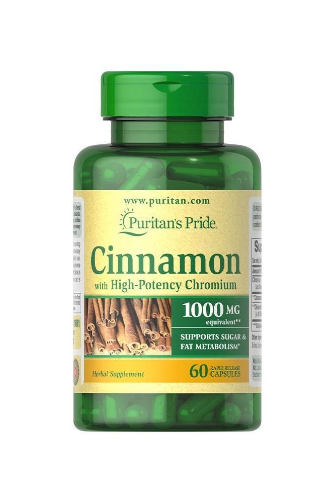 Puritan's Pride Cinnamon Complex with High Potency Chromium - 60 capsules bottle for sugar and fat metabolism support.