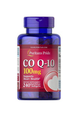 Puritan's Pride Co Q-10 100 mg softgels, 240 count, supports heart health and energy production.