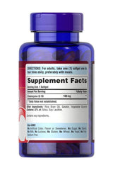 Puritan's Pride Co Q-10 100 mg softgel bottle with supplement facts and directions for use.
