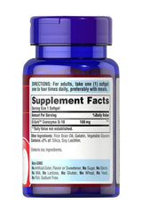 Puritan's Pride Co Q-10 100 mg supplement facts label on blue softgel bottle.