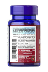 Puritan's Pride Co Q-10 bottle with label, featuring 100 mg dosage and 60 softgels for heart health support.