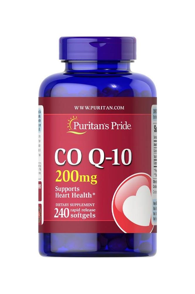Puritan's Pride Co Q-10 200 mg bottle, supports heart health with 240 rapid release softgels.