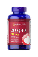 Puritan's Pride Co Q-10 200 mg bottle, supports heart health with 240 rapid release softgels.