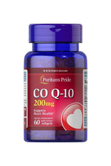 Puritan's Pride Co Q-10 200 mg dietary supplement bottle supporting heart health, with 60 softgels for energy production.